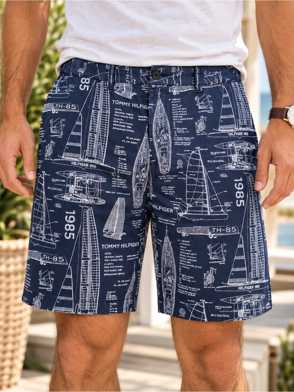 Tommy Hilfiger Men’s 38 Navy Sailboat Blueprint Nautical Chino Shorts #928